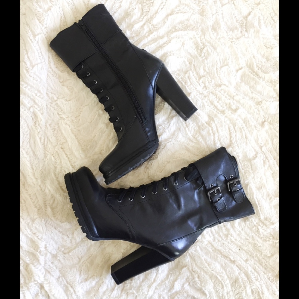 BCBG genuine leather black 4” military boots